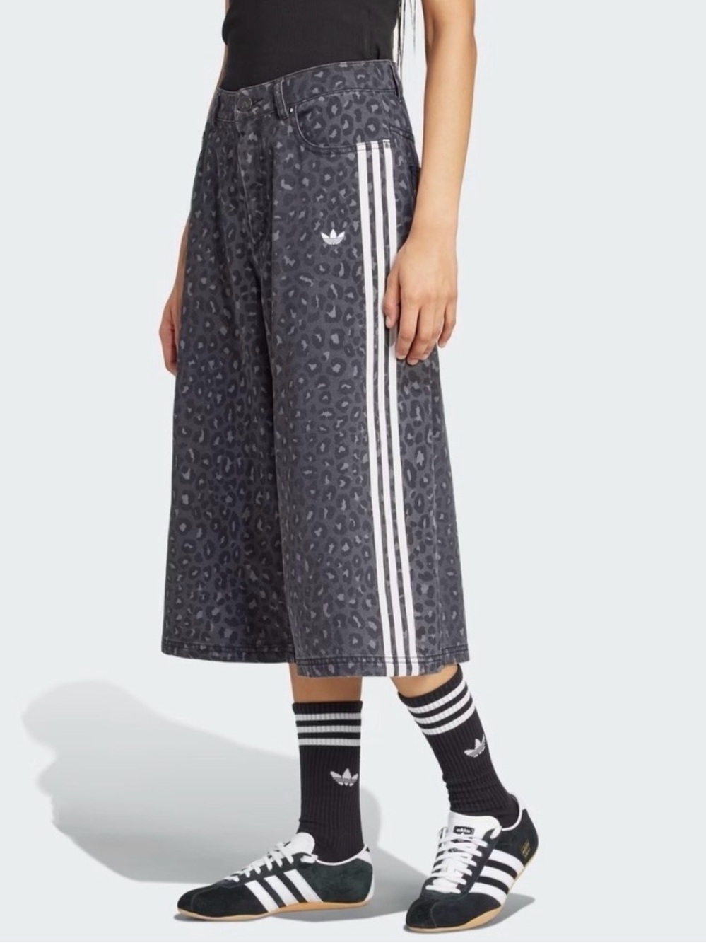 adidas Women's Gray Leopard Print Wide Bermudas with White 3-Stripes